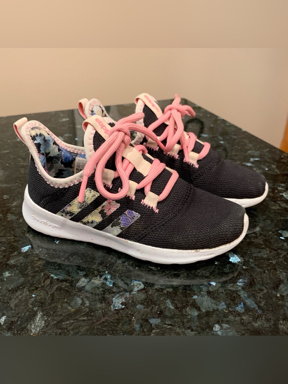 Adidas little girls size 12 black pink floral sneakers kids size 12K shoes